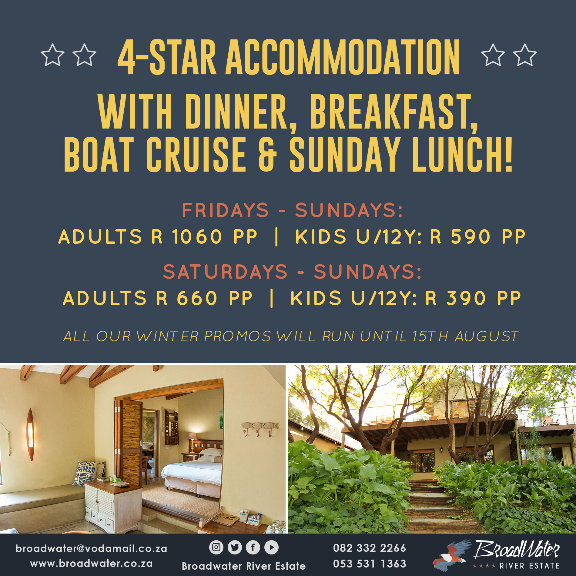 4 star accommodation with dinner breakfast, boat cruise and sunday lunch